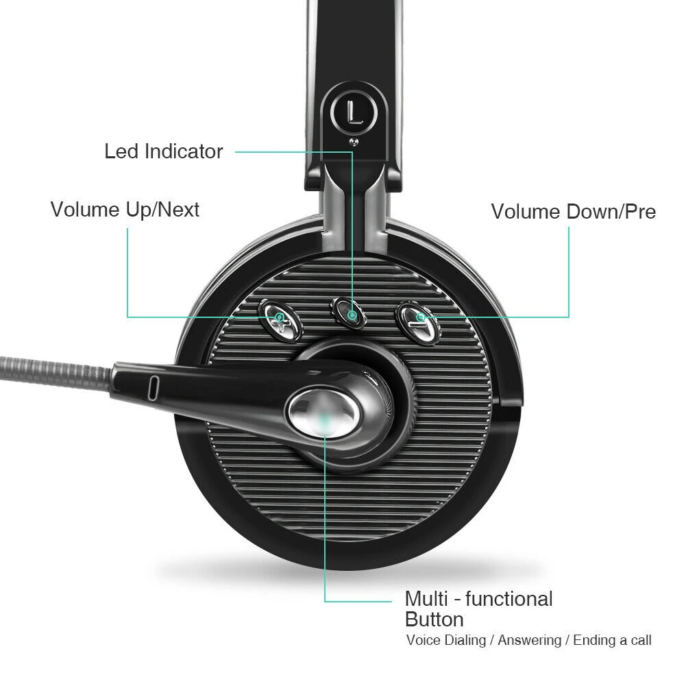 Wireless Bluetooth Headset Single Earpiece Headphone No Noise Over The Head Boom Mic Earphone For Drivers