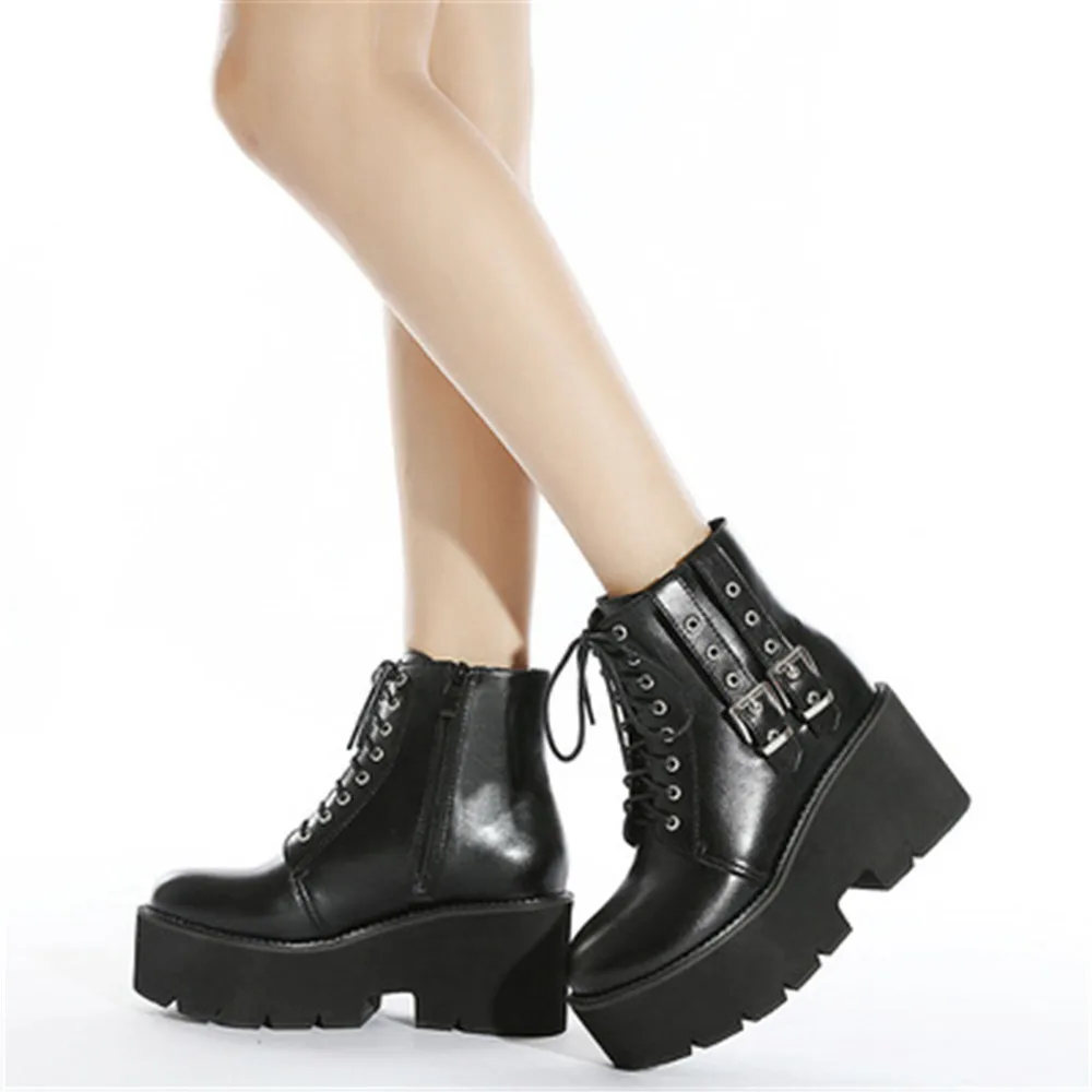 

High Quality Leather Gothic Booties Women Sexy Chain Chunky Platform Sneakers Female Punk Style Zipper Ankle Boots Black 35-43