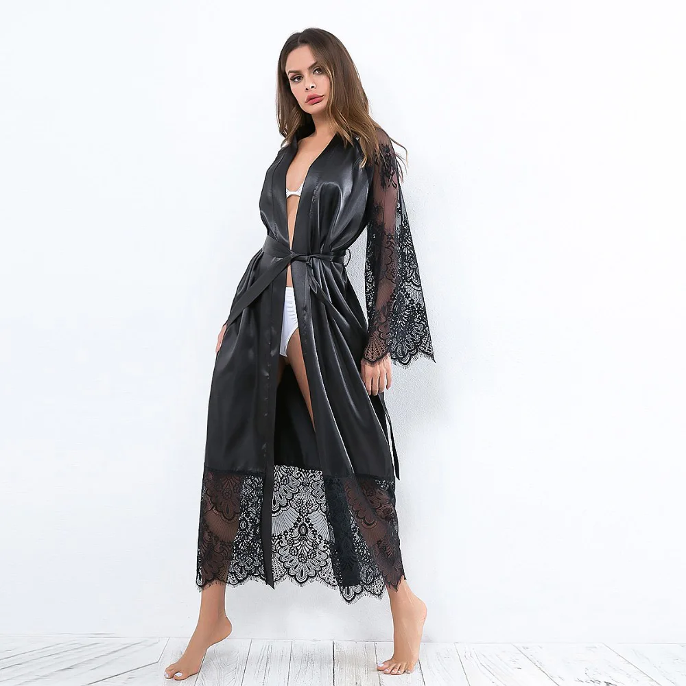 SEBOWEL Women V-Neck Silk Satin Nightgown Black/White/Red Lingerie Long Nightdress Ladies Lace Sleeve Sleepwear Sleepshirts Robe - Color: Black