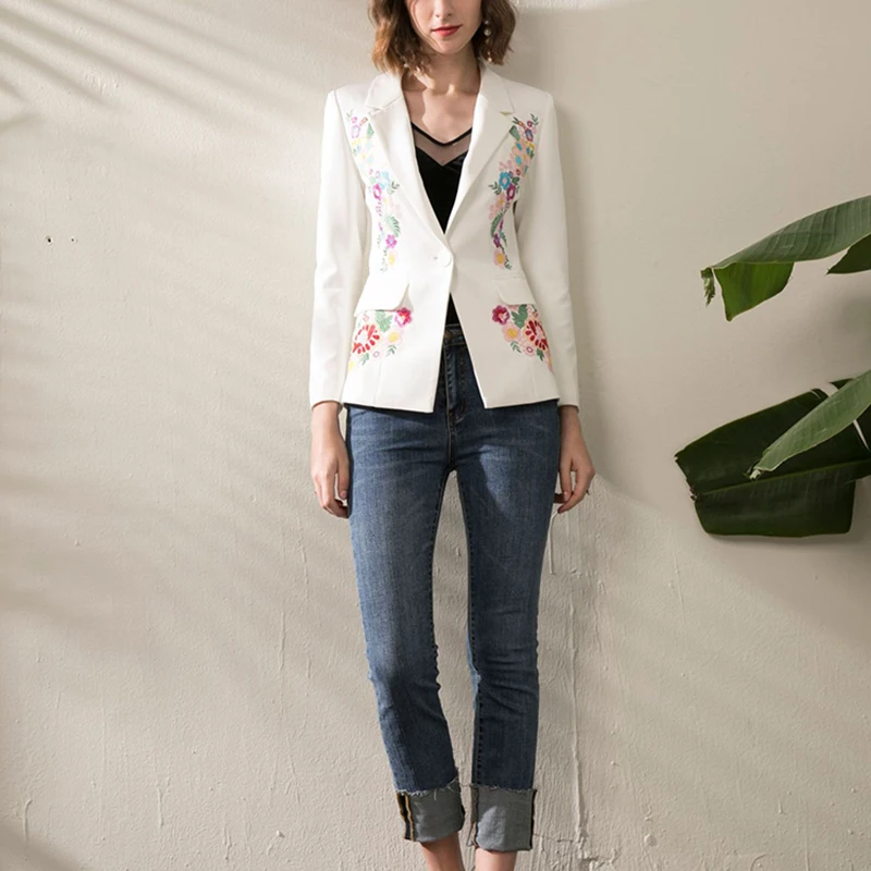 

HIGH QUALITY Newest 2019 Designer Blazer Women's Long Sleeve Single Button Flowers Embroidery Blazer Jacket