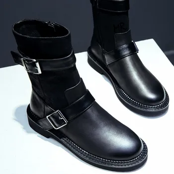 

Motorcycle Women Vintage Fashion Genuine Leather Flat Ankle Boots Autumn Winter Buckle Strap Platform Snow Booties Sapato