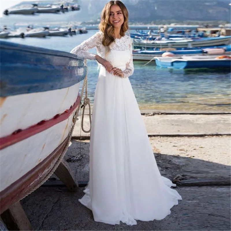 Eightree vestido de noiva шифоновое свадебное платье с длинными рукавами и кружевной аппликацией, свадебное платье трапециевидной формы с глубоким вырезом, пляжные свадебные платья - Цвет: White