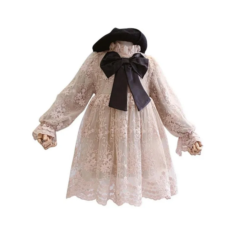 High Quality Toddler Dress Winter Korean Girls Long Sleeve Big Bow Full Lace Plus Velvet Princess Kids Wedding Party |
