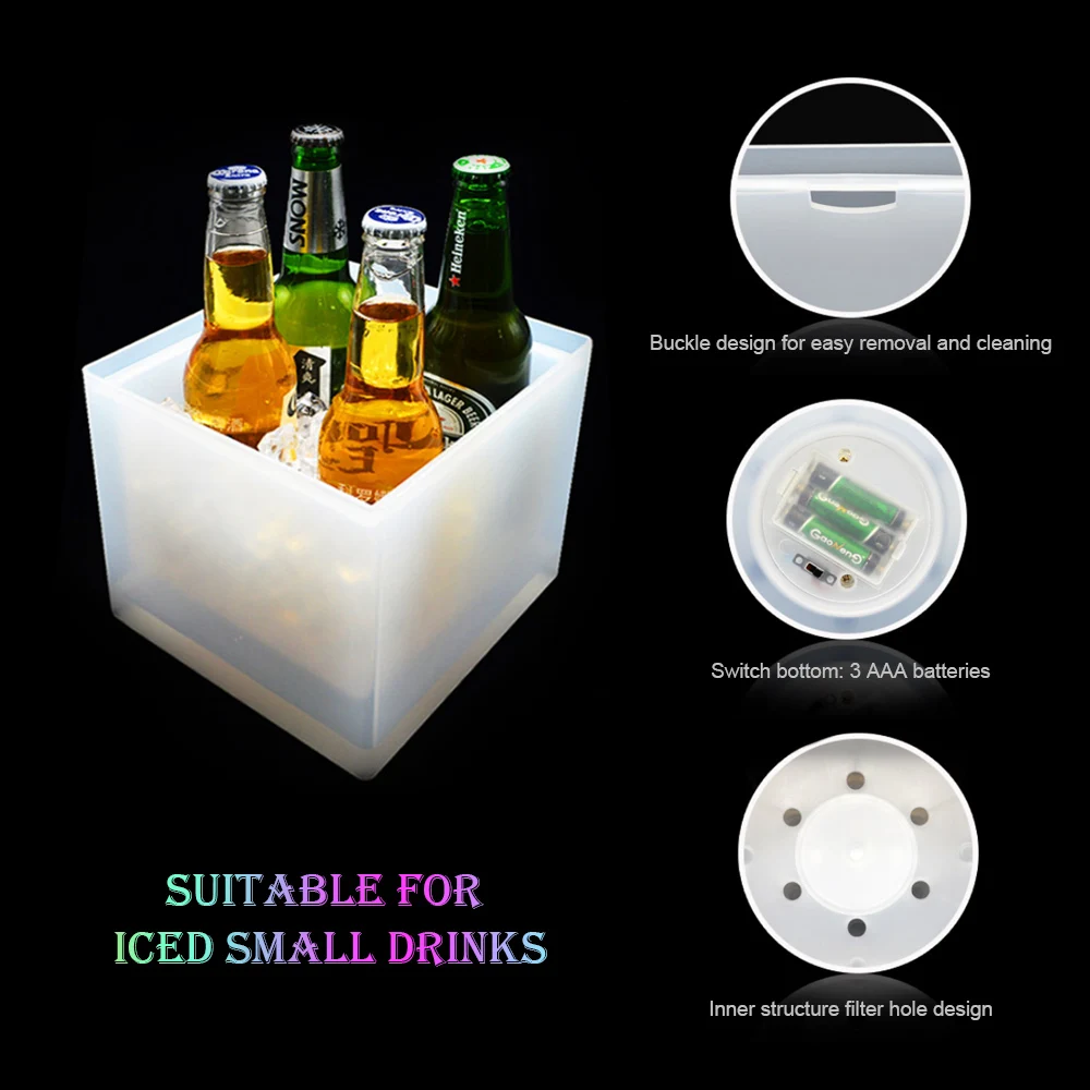 2PCS 1PC LED Ice Bucket RGB Color Changing Double Layer Square Bar Beer Ice Bucket Ice Wine Bucket 3.5 L for Party, Home, Bar