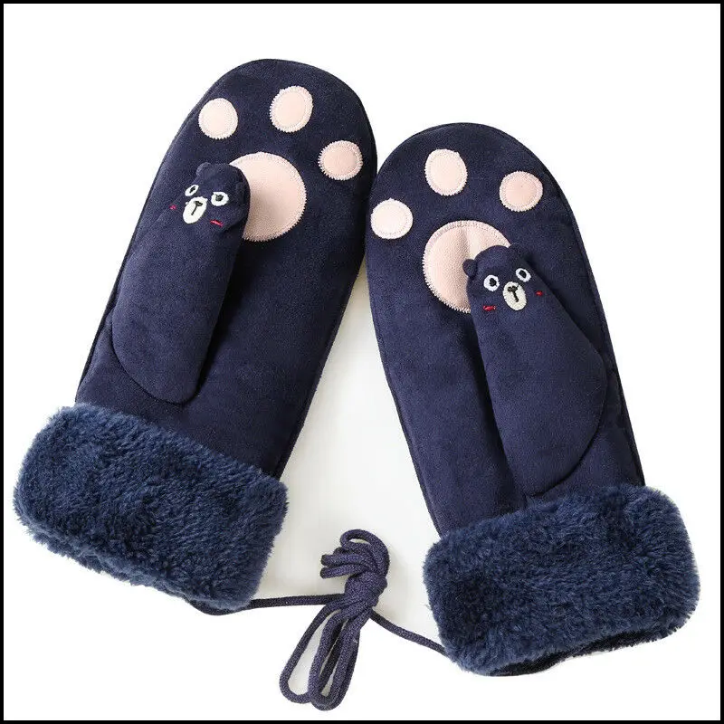 Navy Blue B Унисекс Мужские Wo мужские s настоящие варежки из овчины перчатки с меховой отделкой кожаные женские новые перчатки для вождения милый медведь лапа дизайн толстые перчатки - Цвет: Navy Blue B