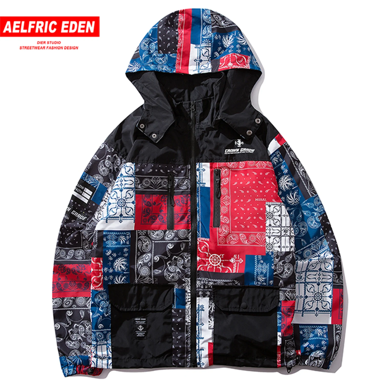 

Aelfric Eden Detachable Hat Mens Hooded Jackets Harajuku Fashion Patchwork Pockets Printed Casual Cotton Male Coats Streetwear