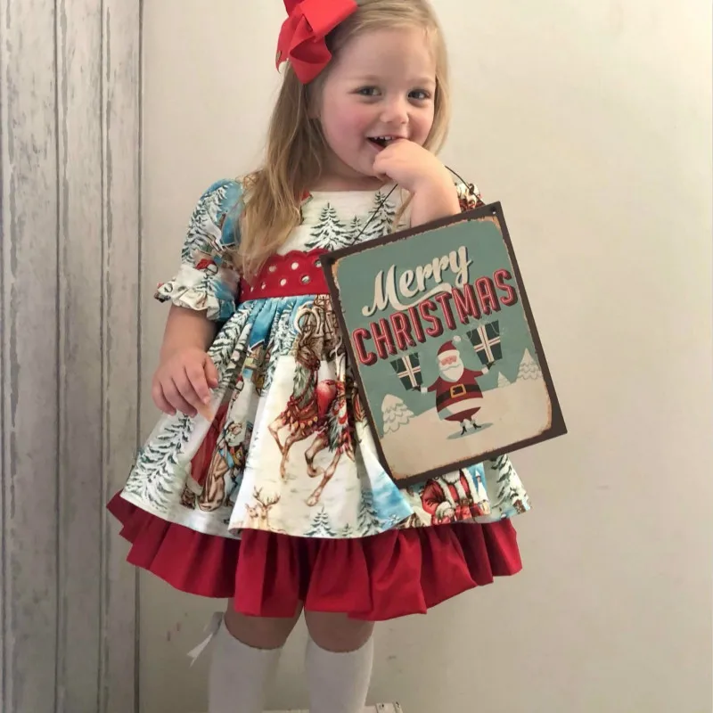 

Toddler Girl Dress Santa Claus Cartoon Printed Children's Evening Party Dress Elegant New Year's Dress Magnificent for The Girls
