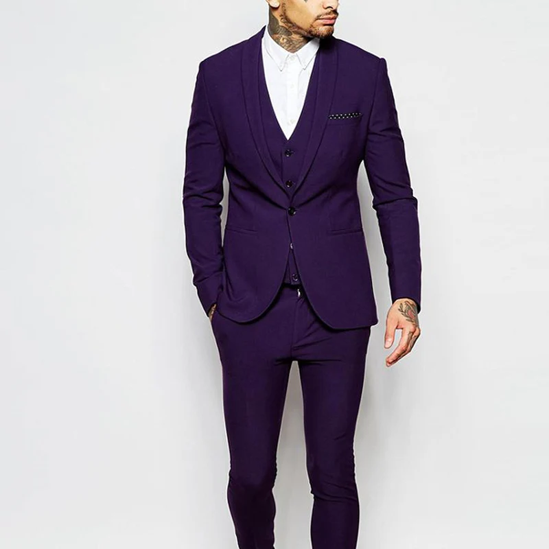

Purple Business Men Suits Three Piece Shawl Lapel One Button Slim Wedding Groomsmen Tuxedos (Jacket + Vest + Pants)