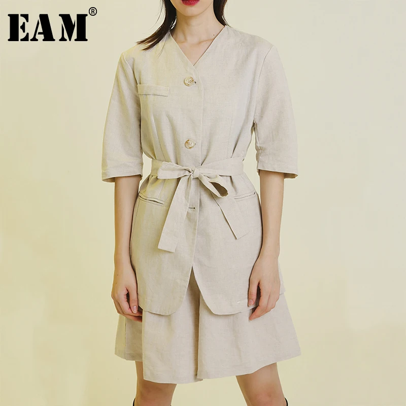 

[EAM] Bow Waistbelt Wide Leg Pants Two Piece Suit New V-Neck Half Sleeve Black Loose Fit Women Fashion Spring Autumn 2020 1A300