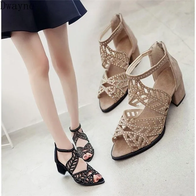 

2019 new suede rhinestone hollowed back zipper high heel sandals women