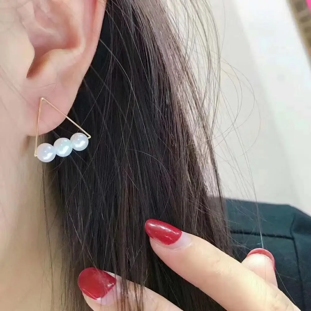 

VOJEFEN 18K Yellow Gold Triangle Earrings with Three 5-6mm Freshwater Pearls for Women Fine Jewelry
