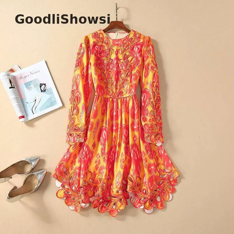 GoodliShowsi, весна, новое модное платье А-силуэта, шикарное, с принтом, с вырезом, с длинным рукавом, с аппликацией, дизайнерские женские платья - Цвет: Оранжевый