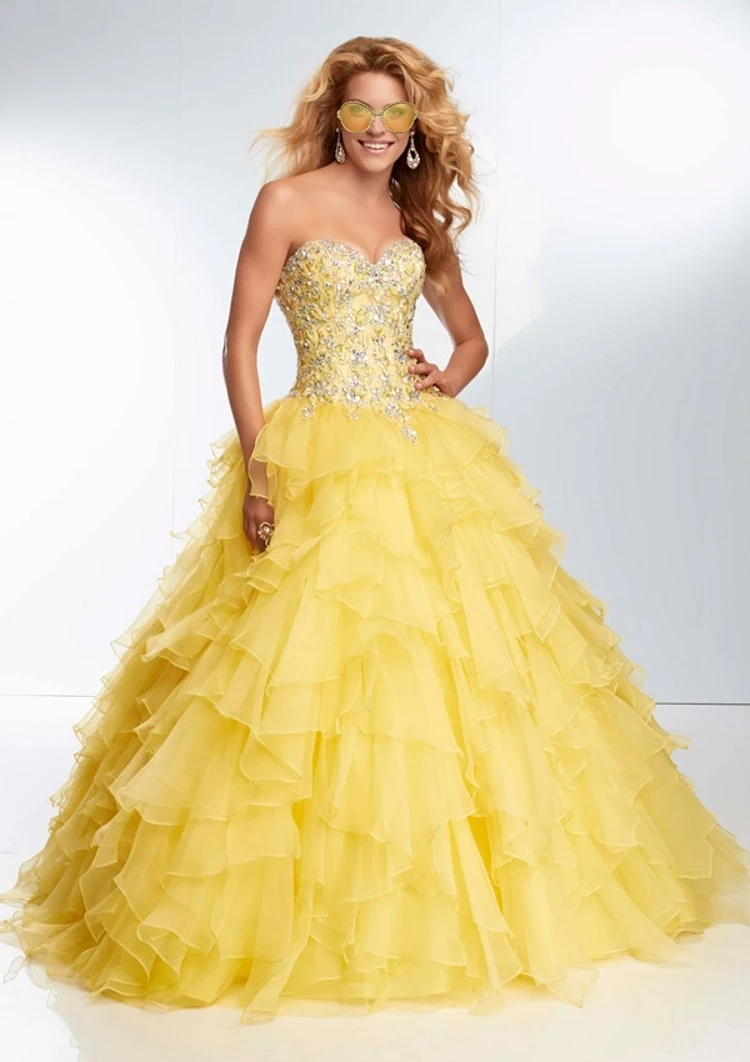 

Yellow Ruffles Ball Gown Quinceanera DressesSweet Beading 16 Dress Party Wear Formal Prom Dresses Sweetheart Organza Lace Up