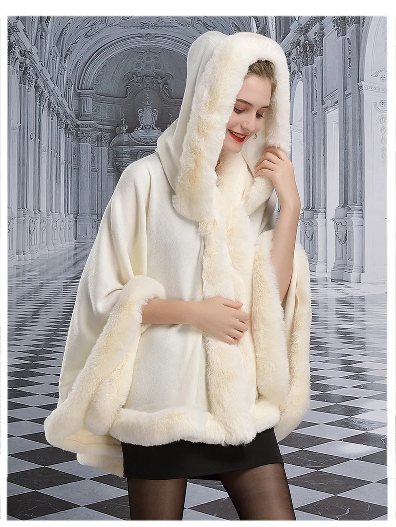 Women Faux Fur Neck Winter Poncho Overcoat Cape Thick White