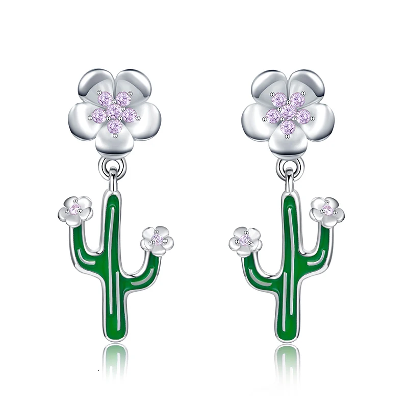

SG 100% 925 Sterling Silver Zirconia Plant flower Green cactus Stud Earrings for Women Silver Small Earrings Fine Jewelry