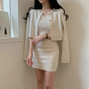

New arrival korean Runway korean Women Cardigan knit coat top + Elegant sweet knitted dresses women clothes 2 piece set suit