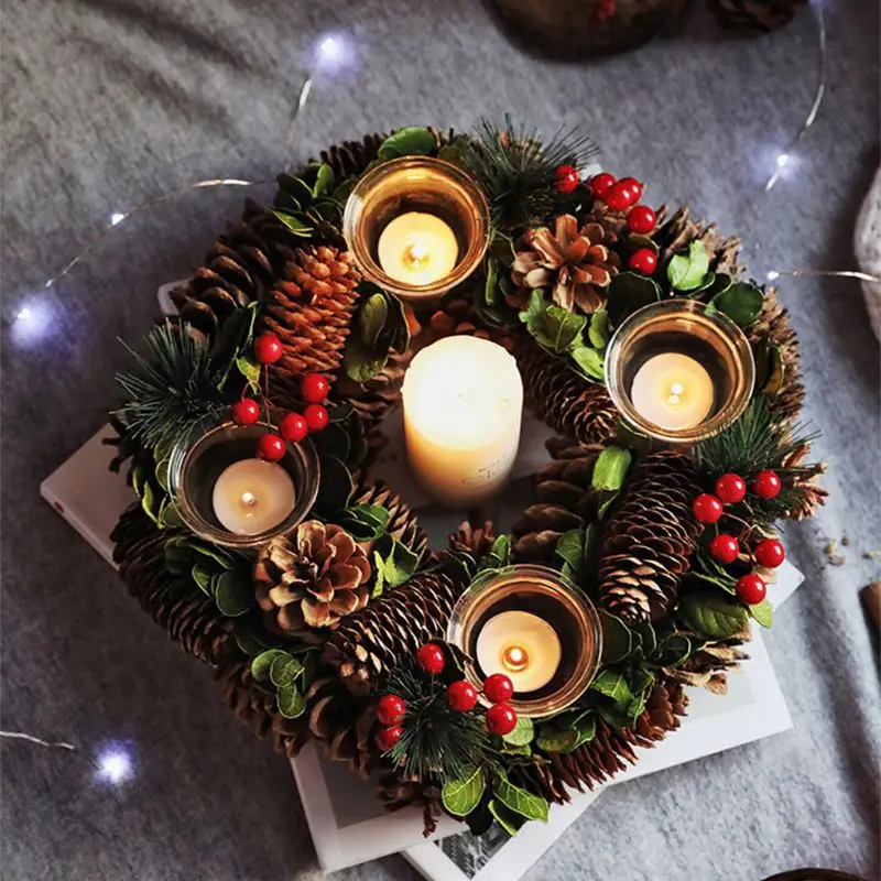 Christmas Wreath Artificial Christmas Flower Pine Needle Pine Cone Tealight Candle 4 Holder Wood Tea Light Holder Christmas