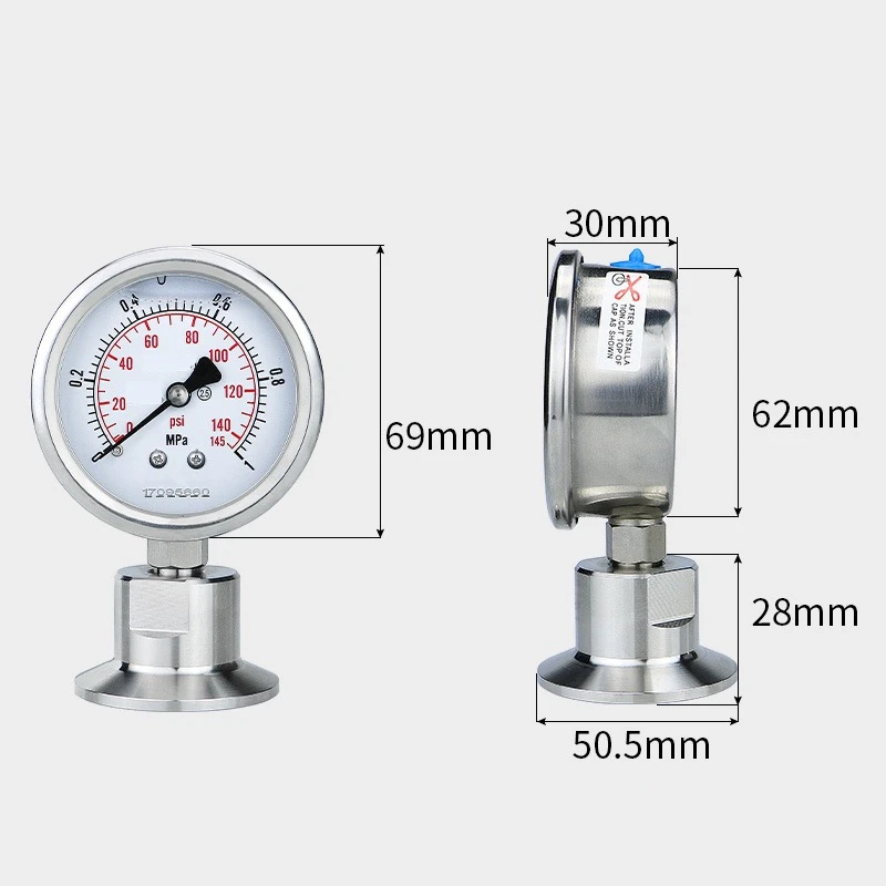 Pressure Gauge Manometer Bar/psi 1.5 inch 2'' Tri Clamp Diaphragm SS304 Stainless Steel Body SS316 Diaphragm