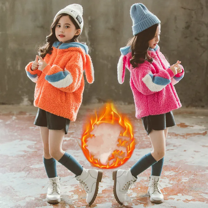 

2019 Outerwear Girls Winter Wool Blends Ear Rabbit Hooded Thickened 4-13 Years Girls Korean Plus Velvet Children's Warm Clothes