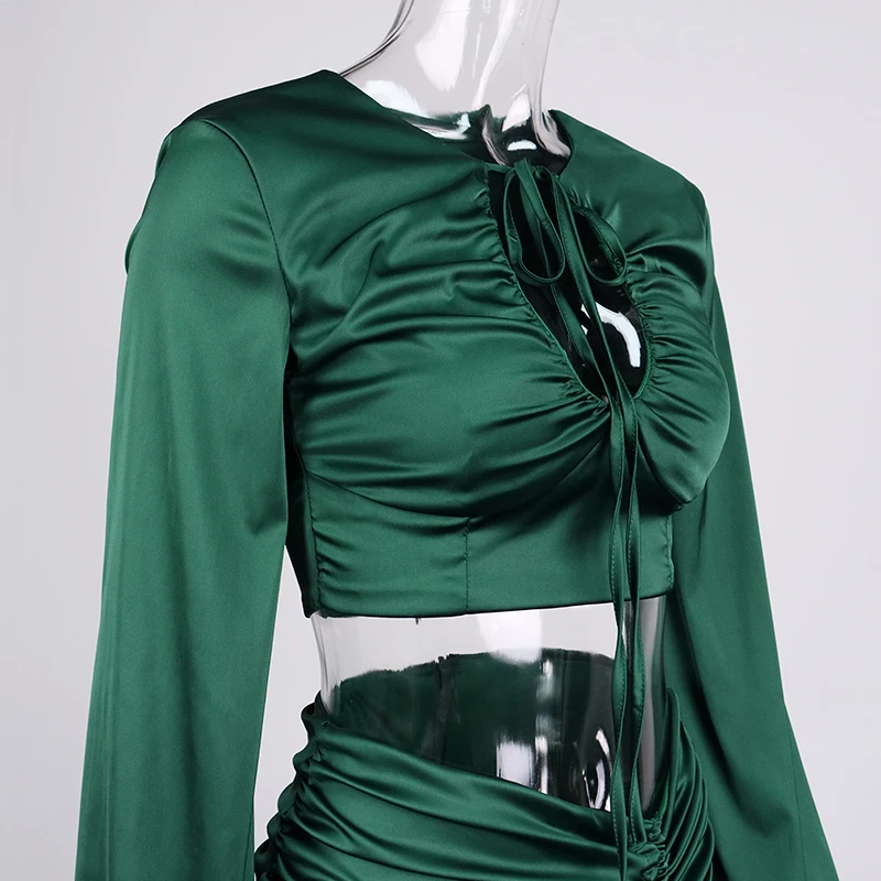 NewAsia Two Piece Skirt Set Lantern Sleeve V Neck Crop Top Ruched Midi Skirt Elastic Sexy Party Outfits For Women Matching Sets