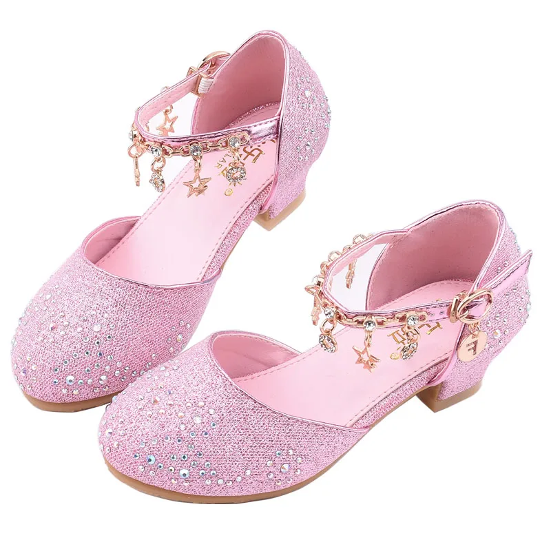Kids Girls Leather Shoes Crystal High Heels Dance Shoes Children Princess Sandals Student Performance shoes SW007