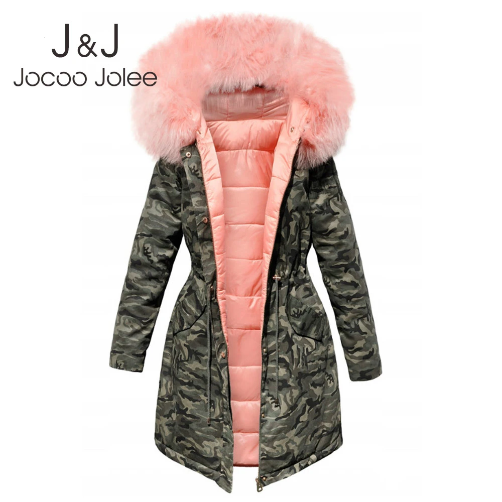 Jocoo Jolee, женское камуфляжное пальто, зимняя куртка, парка с капюшоном, меховой воротник, хлопковая стеганая куртка, с завязками на талии, тонкая парка, Новинка