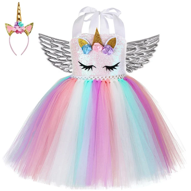 Kids World Book Day Unicorn Costume Girls Birthday Party LED Lights Sequin Rainbow Tutu Dress Shiny Princess Cosplay Costume style-B1