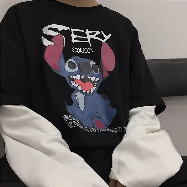 Autumn new trend dark hip-hop cross printing loose large size fake two-piece long-sleeved T shirt for men and women 5