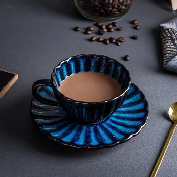 

Japanese-style Retro Ceramic Coffee Cup and Saucer Set Modern Minimalist Home Office Flower-shaped Afternoon Tea Scented Tea Cup