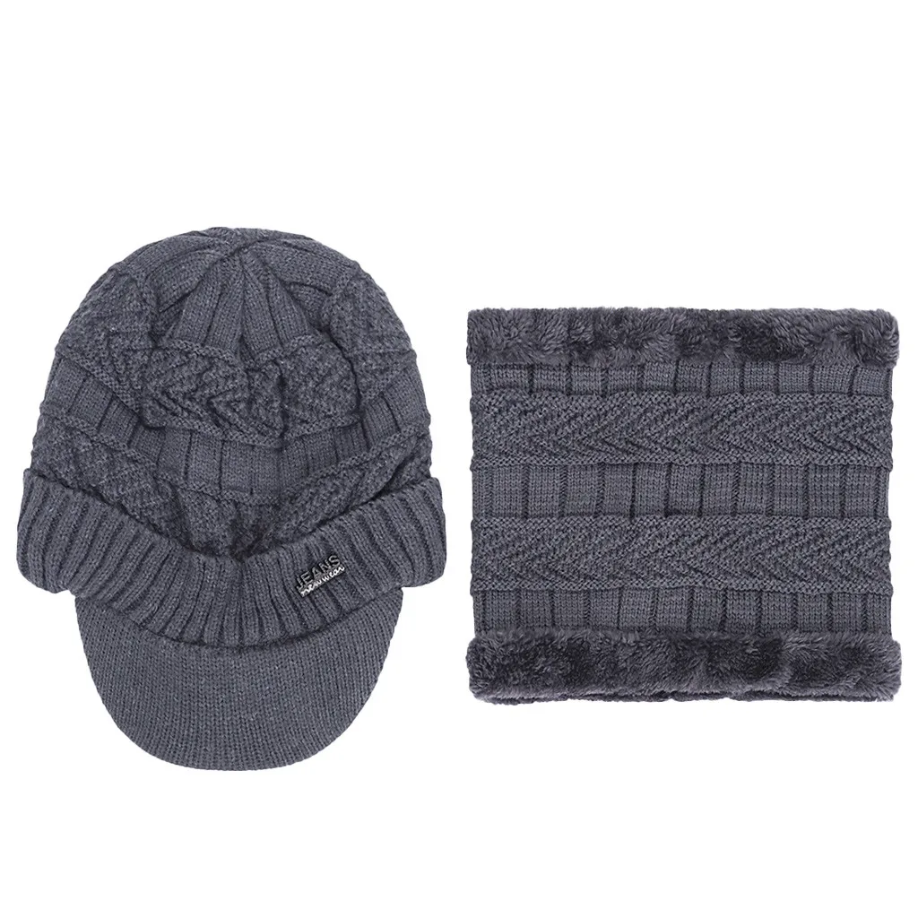 Мужская теплая шапка Skullies+ мягкий шарф, комплект из двух предметов, зимняя утолщенная шапка, мужские ветрозащитные вязаные шапки, теплые шапки для шеи 12,3 - Цвет: SSS91116005GY