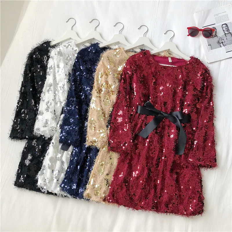 Neploe Blingblilng женские платья с блестками, с кисточками, в стиле пэчворк, с длинным рукавом, в Корейском стиле, Vestidos, Осень-зима, тонкий галстук-бабочка, платье 55937