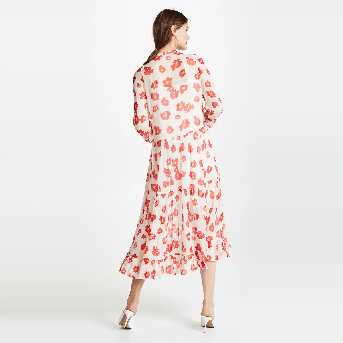 

Fresh Simple Floral Print Flounced Hem Three-quarter-length Sleeve Loose Micro Transparent Dress