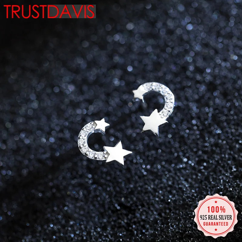 

Trustdavis 100% 925 Sterling Silver Moon Star CZ Stud Earrings Gift For Girls Kids Lady Madam DA238
