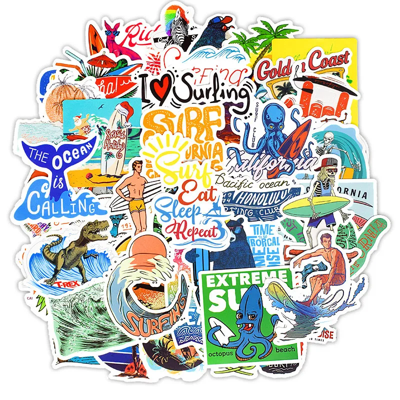 Summer Surfing Stickers Beach Sport Surf Stickers 50 Pack Laptop Stickers Waterproof Decals Stickers for Water Bottle Computer Luggage Phone