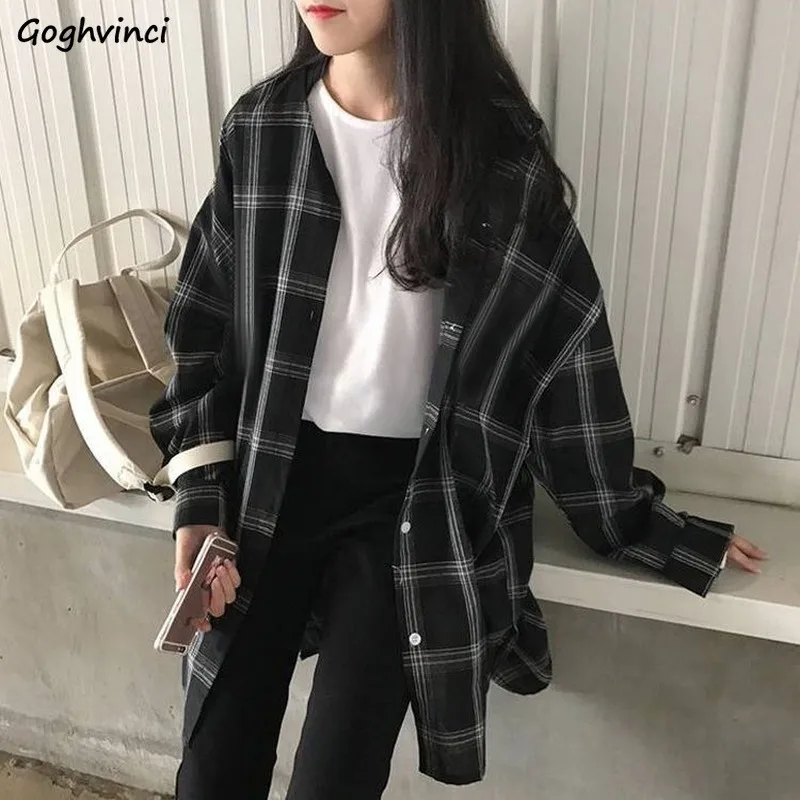 Mujeres camisas de manga larga de cuadros elegante suelto tamaño Primavera Verano prendas de vestir Casual mujer prueba de sol BF Retro Harajuku blusas nuevo