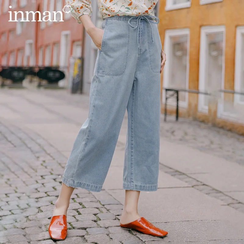 

INMAN 2020 Spring New Arrival Literary Pure Cotton Elastic Waist Drawstring Slimmed Wash Loose Jean