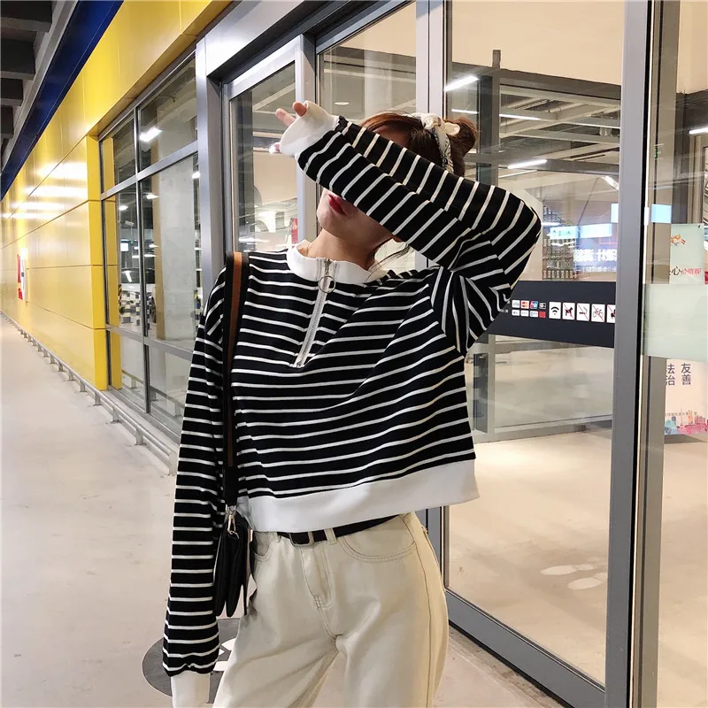 Ulzzang Harajuku полосатая толстовка на молнии с короткими рукавами Женская Осенняя Новая модная свободная толстовка с капюшоном и круглым вырезом Повседневная Женская толстовка