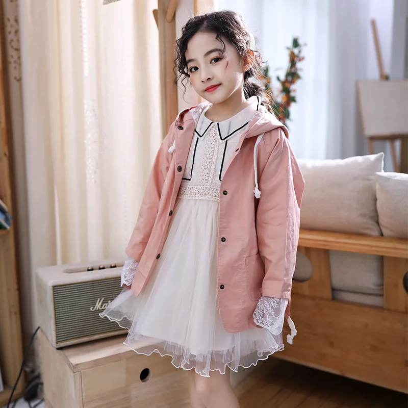

2019 Spring Autumn Girls Trench Coat Hooded Jacket for Girls Windbreaker Baby Girls Jacket Solid Children's Clothing