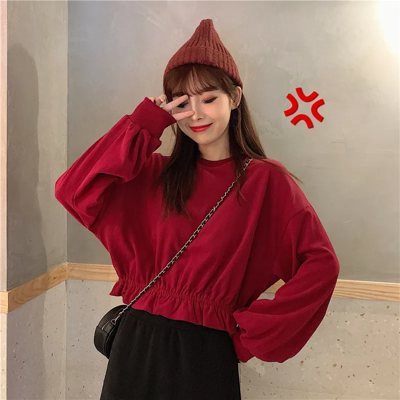 Blusas mujer de moda модные брендовые толстовки с длинными рукавами с круглым вырезом и оборками, короткие милые стильные осенние женские толстовки