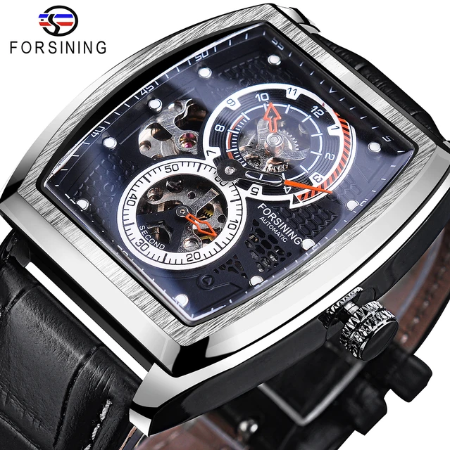Forsining Black Dial Waterproof Automatic Mechanical Watch Skeleton Rectangle Military Watches With Bule Pointer Genuine Leather GMT1209-7