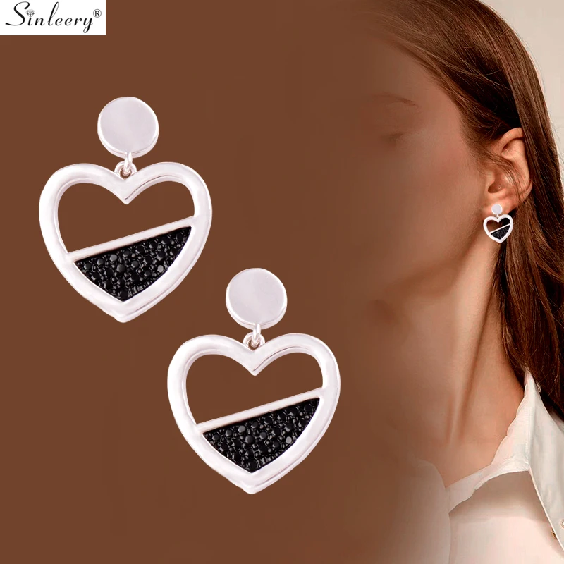 

SINLEERY Lovely Half Hollow Heart Drop Earrings Silver Color Black Zirconia Small Earrings For Women Fashion Jewelry ES705 SSC
