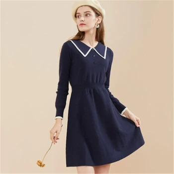 

LA CISNE New college style polo collar knitted elastic waist slim long-sleeved mid-length dress for women