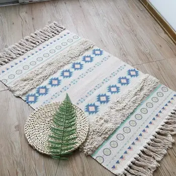 

Cotton Linen Chenille Floor Mat Rug Sofa Coffee Table Foot Pad Manual Tassels Door Carpet Geometric Washed for Home Living Room