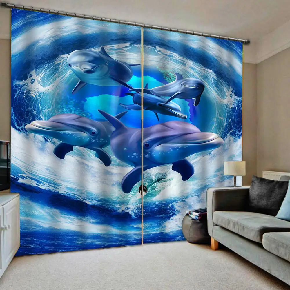 

Bedroom 3D Window Curtain Luxury living room decorate Cortina Blue ocean curtains underwater dolphin curtain