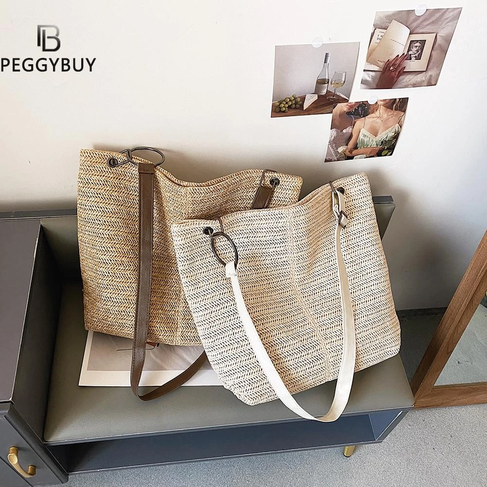 de hombro informales de para mujer, carteras tejidas de ratán, bolso de playa de gran capacidad, grandes monederos, novedad|Bolsos de hombro| - AliExpress