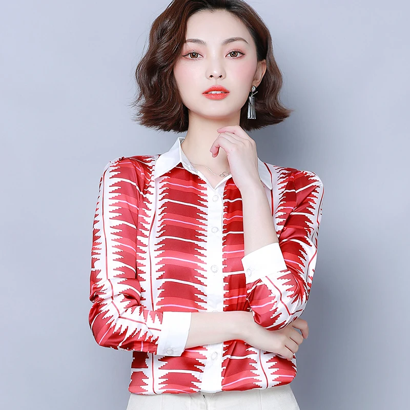 Корейская мода шелковые женские блузки атласные полосатые с длинным рукавом