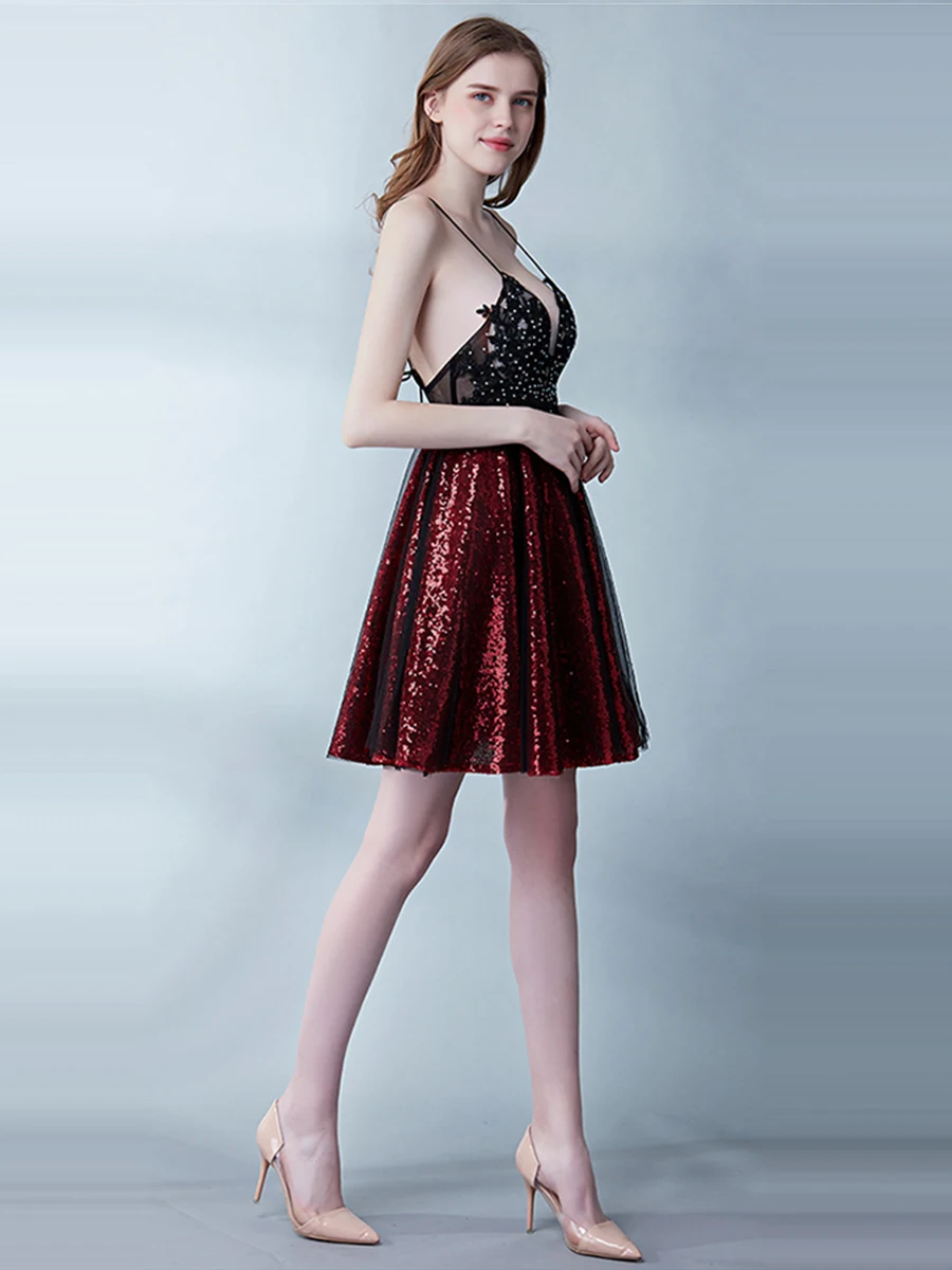 Skyyue коктейльное платье с v-образным вырезом без рукавов Vestidos De Coctel новые сексуальные коктейльные платья с блестками вечернее платье с открытой спиной H107