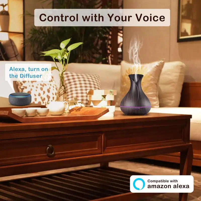 Smart WiFi Essential Oil Diffuser Compatible with Alexa Google Home App Control 400ml Dark Wood Grain  Aroma Diffuser Humidifier