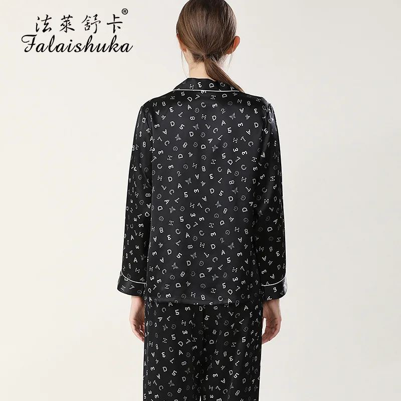 19 Momme 100% Silk Elegant Black Pajamas Sets Women Long Sleeve