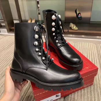 

Cross-tied Ankle Boots Women Winter Shoes String Bead Design Platform Shoes Woman Black Leather Motorcycle Booties Botas Mujer